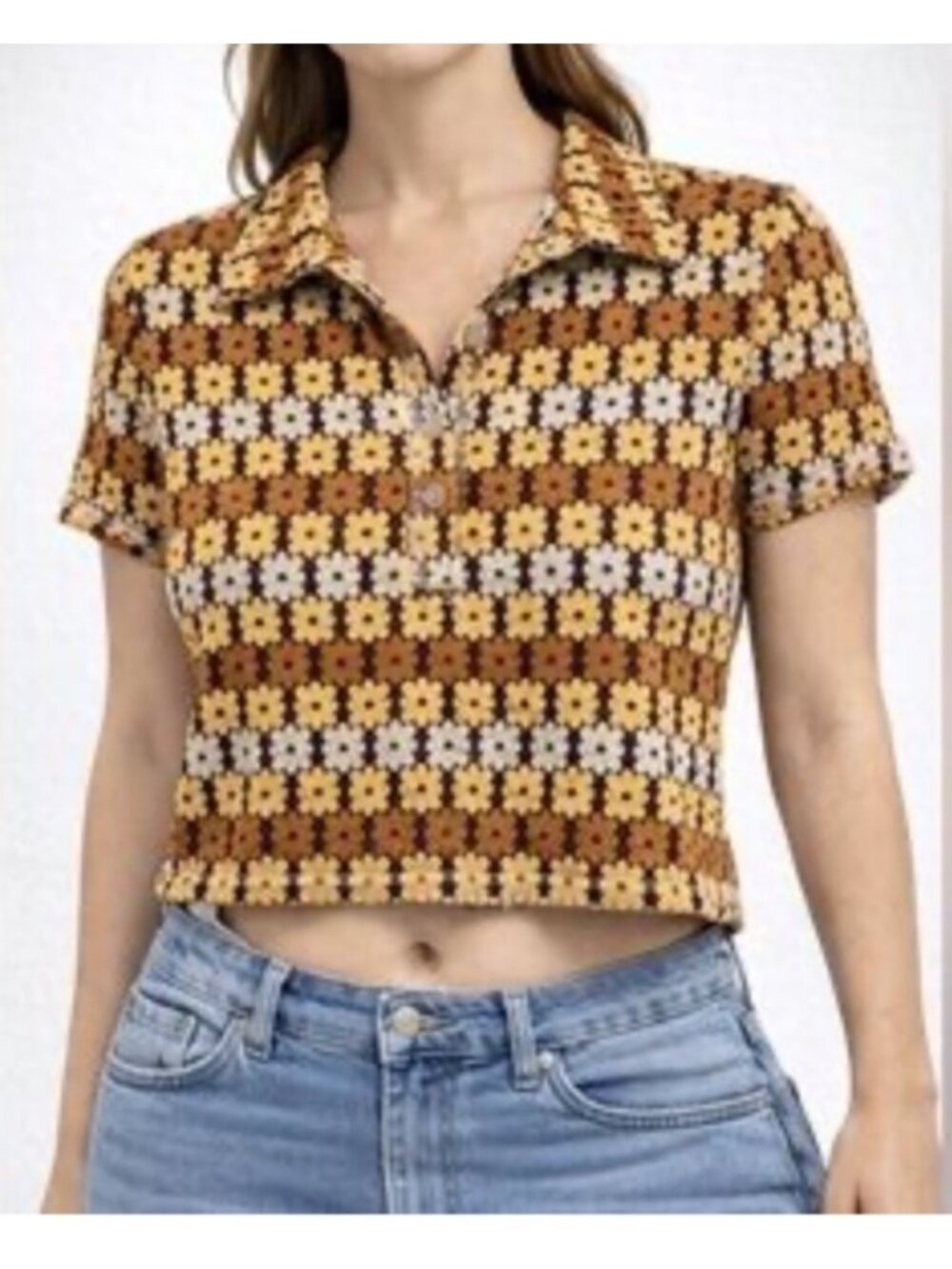 Free People Retro Floral Cropped Polo Shirt  Button Front XS Orange & Yellow